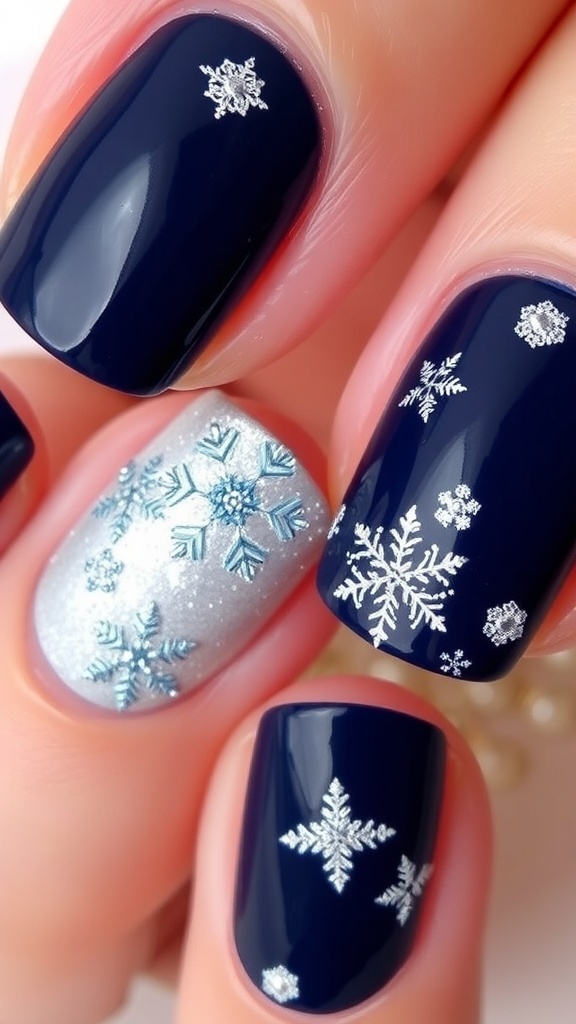 Elegant navy Christmas nails with glitter and snowflake designs.